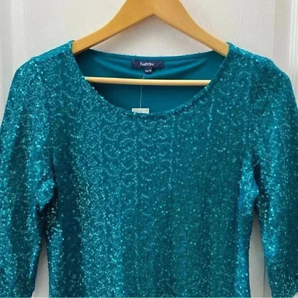 Reitman’s Sparkly Sequin Dressy Top  Scoop Neck 3/4 Bracelet Sleeve Teal XS NEW - Picture 8 of 16